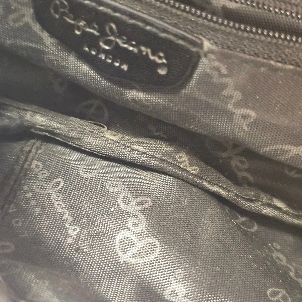 Pepe Jeans London Black Ostrich Embossed Studded Y2K Baguette Shoulder Bag